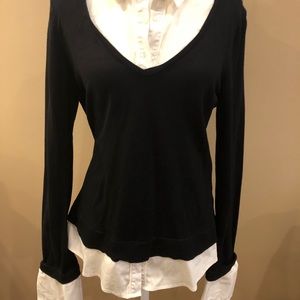 White House Black Market Black V-Neck Sweater with Zipper Detail, Size 8